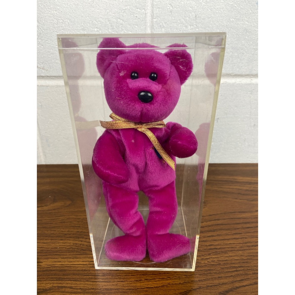 Vintage Ty Beanie Baby Millennium Purple Teddy Bear Plush 2000 Earth Gold Ribbon
